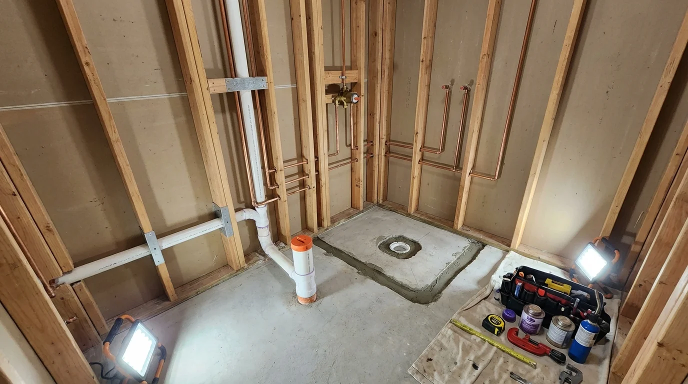 Bathroom rough-in plumbing during remodel by Johns Plumbing LLC in Vashon