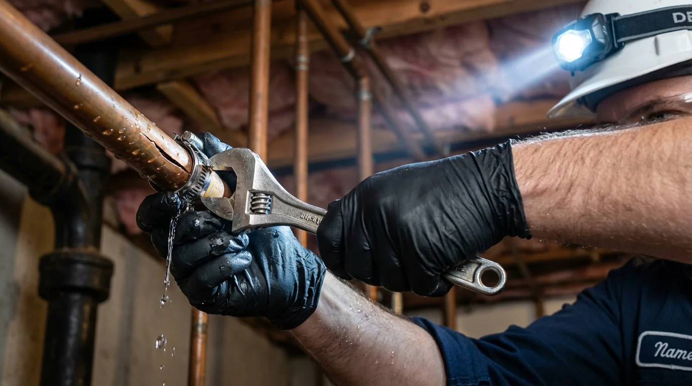 Emergency pipe clamp repair being performed by a Johns Plumbing LLC plumber in Vashon