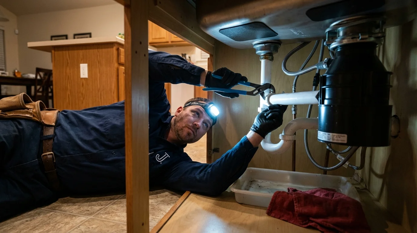 P-trap and supply line connections under a kitchen sink showing a common leak point in Vashon, WA